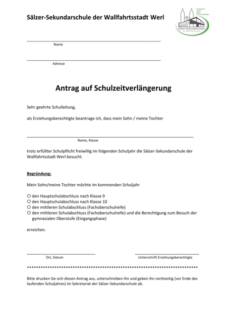 Antrag auf Schulzeitverlängerung Antrag auf Schulzeitverlängerung